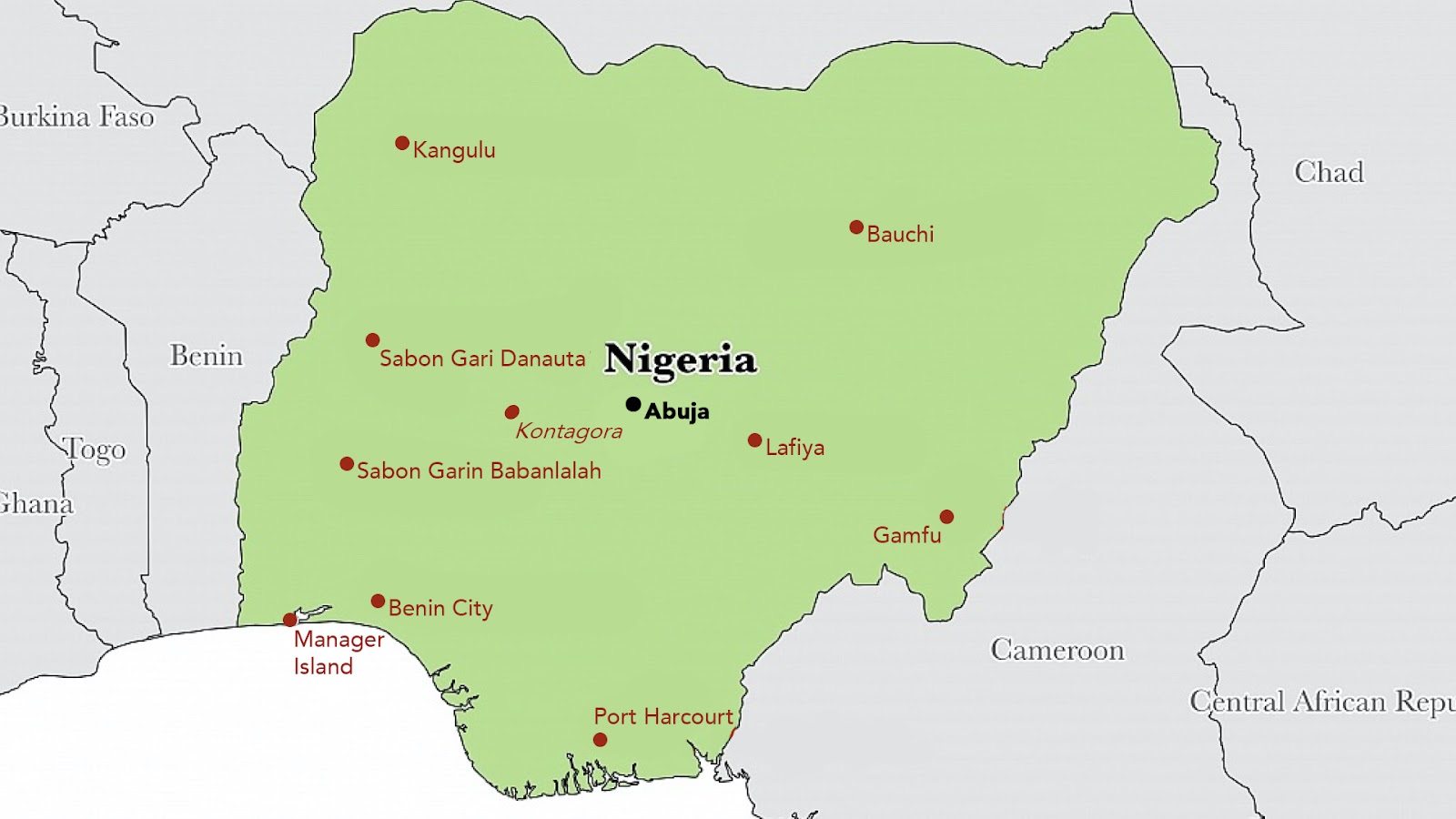 Map of Nigeria marking the ten church plant locations